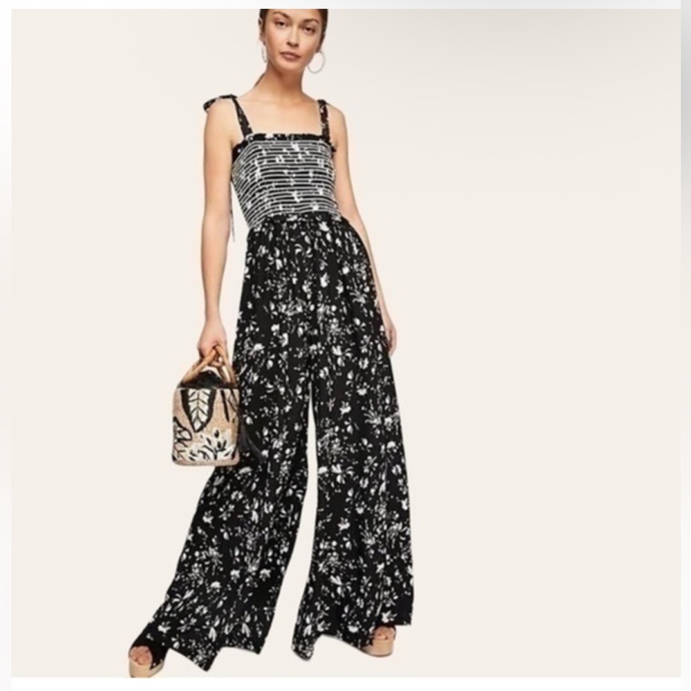 Free People Black Floral Wide-Leg Striped Bodice Jumpsuit